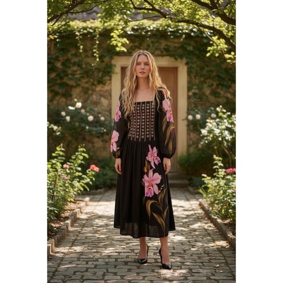 FARM Rio Dresses & Skirts - FARM Rio Embroidered Goddess Orchid Floral Long Sleeve Midi Dress Black Small